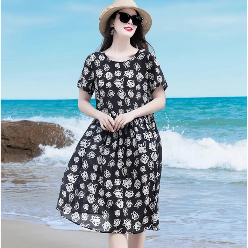 普拉妮【山茶花开】100%桑蚕丝气质宽松夏季休闲连衣裙776