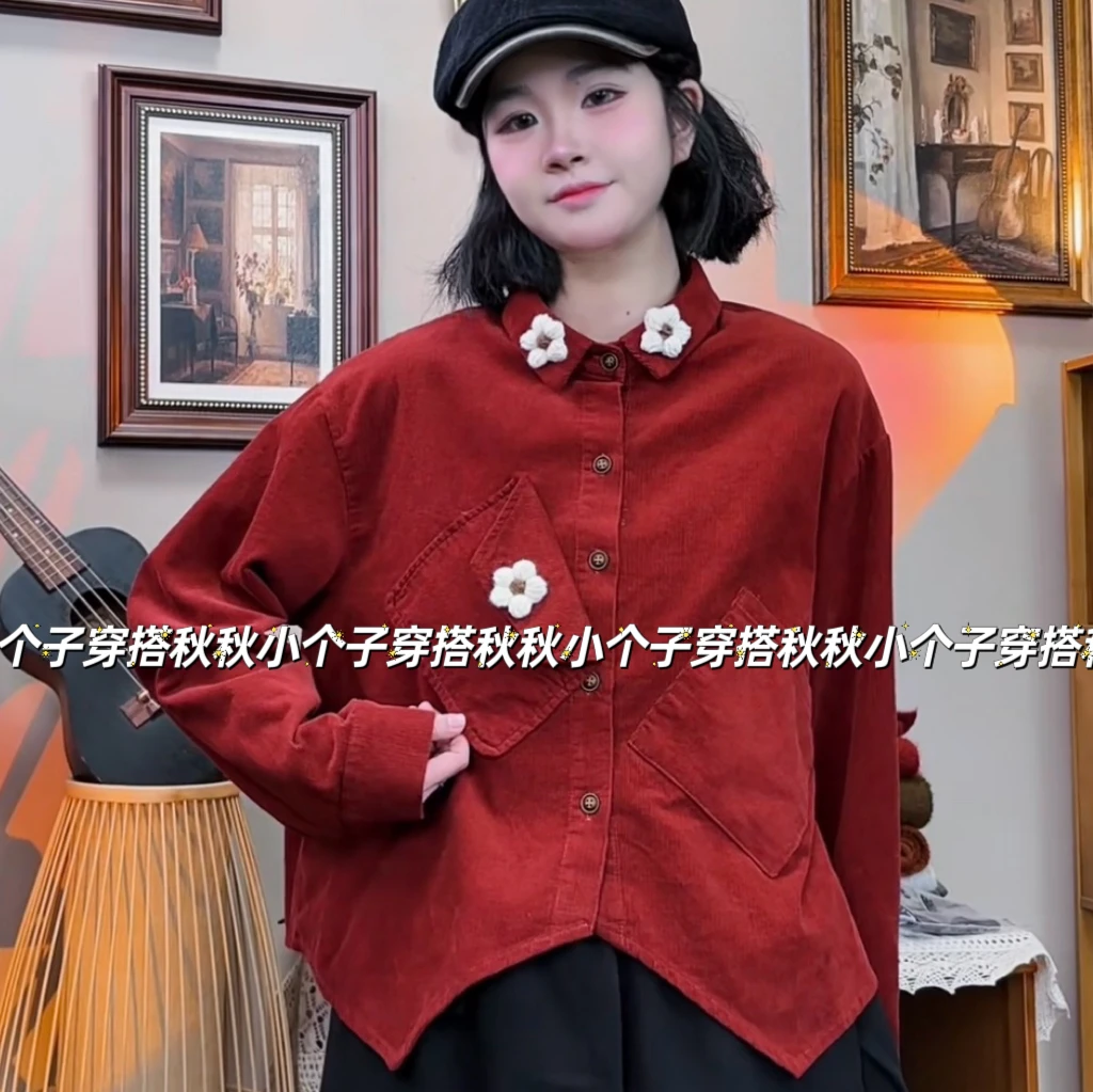 PQ“红红火火”自制双口袋复古长袖花朵衬衫不规则设计感上衣