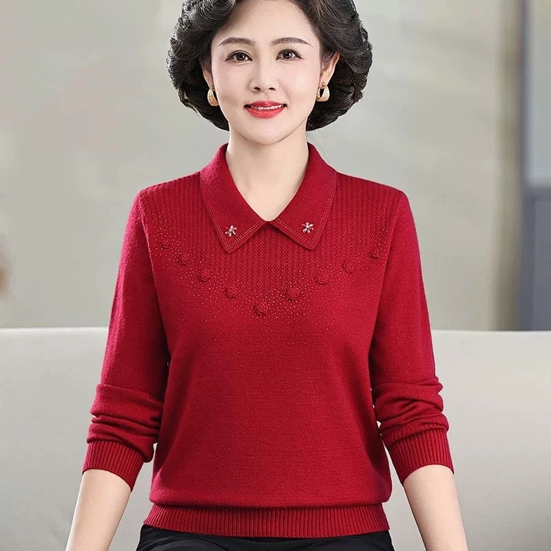 恒源祥集团彩羊新款秋冬中老年翻领针织毛衣打底衫上衣洋气妈妈装