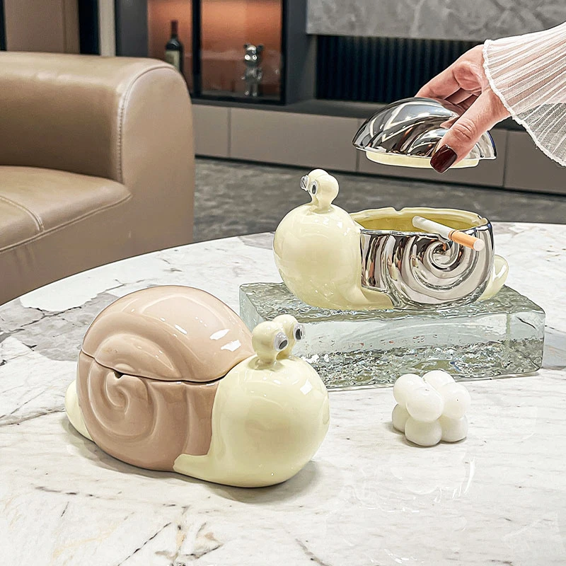 可爱ins蜗牛烟灰缸卡通陶瓷烟灰缸装饰品家用客厅带盖防飞灰烟缸