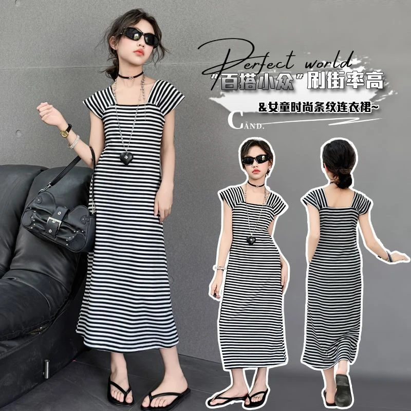 女童夏季连衣裙洋气中大童长裙韩版儿童长款夏装条纹背心裙子