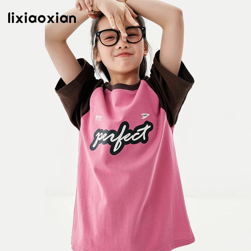 梨小闲女童拼色印花字母短袖T恤中大童夏季新款休闲体恤儿童洋气t