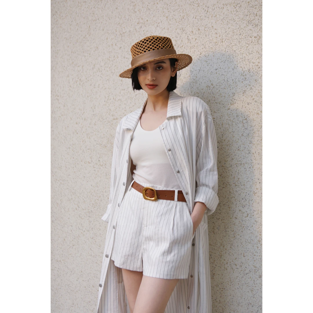 【亚麻老钱风短裤】竖纹腰带百搭通勤松弛感休闲短裤