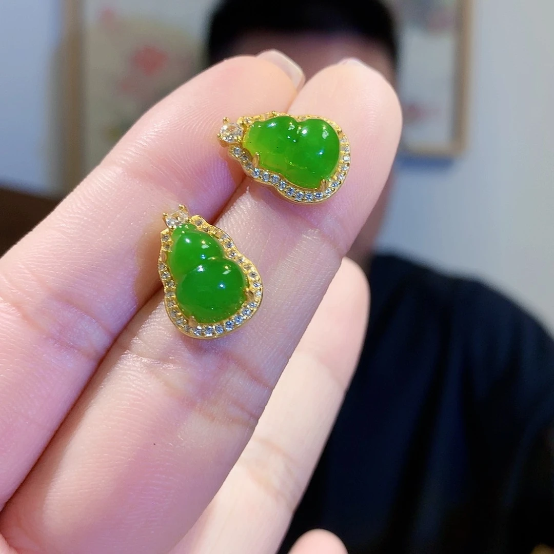 和田玉（碧玉）耳饰银S925镀金镶嵌