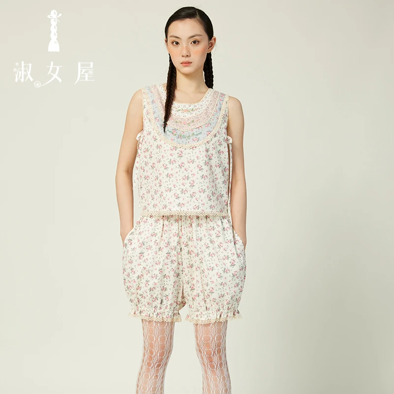 淑女屋官方旗舰店弗洛伊德玫瑰家居服玫瑰拼接艺术背心套装棉