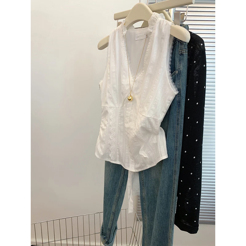 五一旅游出街衣服白色蕾丝边v领工字吊带背心外穿女无袖上衣通勤