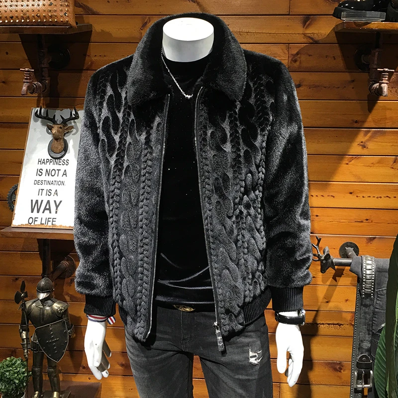 路约威格新款冬季仿貂绒皮草外套男翻领加厚保暖皮毛一体貂皮夹克