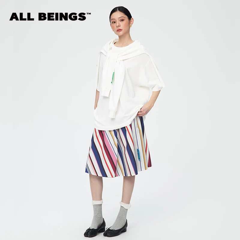 ALL BEINGS【反季福利】米白色搭片式假两件廓形时尚T恤女