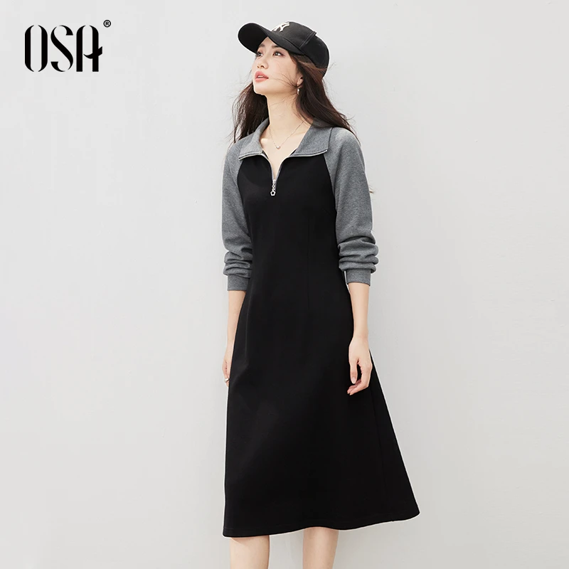 OSA撞色翻领休闲连衣裙女秋季慵懒感收腰显瘦长裙子S125C13005