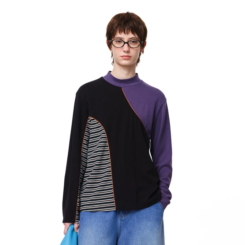 MOVEUP幻走2025秋季新款.FUN 半高领撞色拼接短款T恤女3EWQ10584