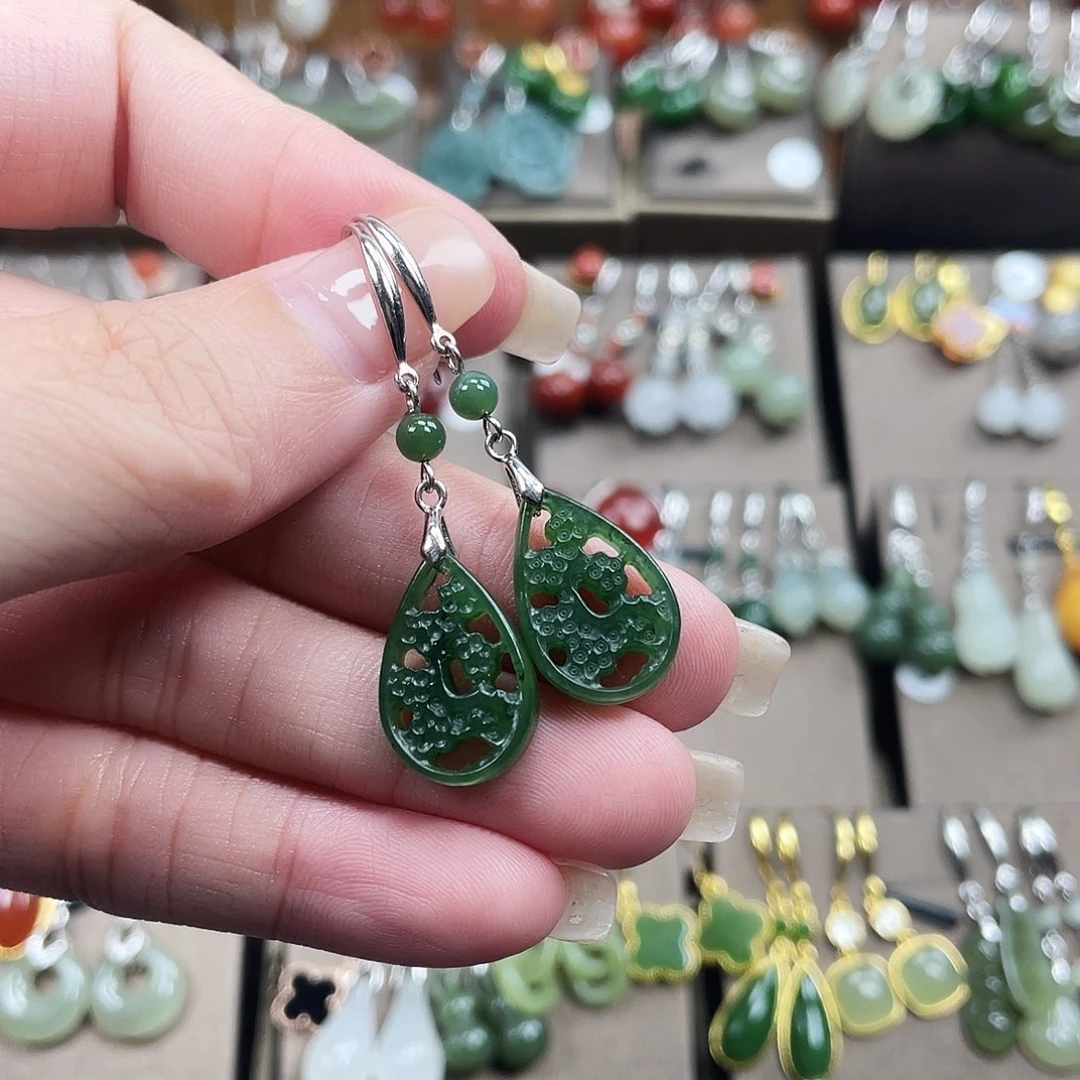 和田玉银S925镶嵌耳饰