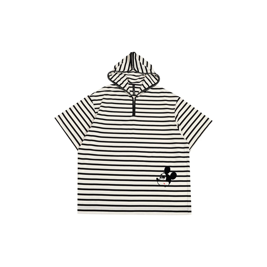 GGAHOLIDAY时尚宽松休闲百搭黑白条纹连帽短袖T恤潮流上衣-152019