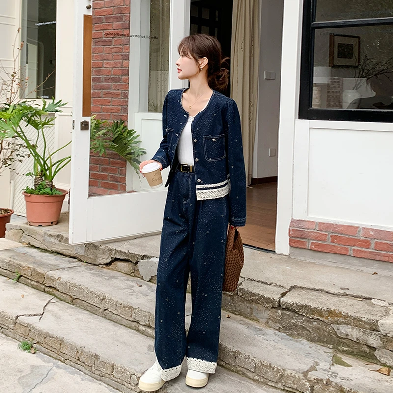 蕾丝花边拼接设计感牛仔外套两件套女春季新款时尚减龄阔腿裤套装