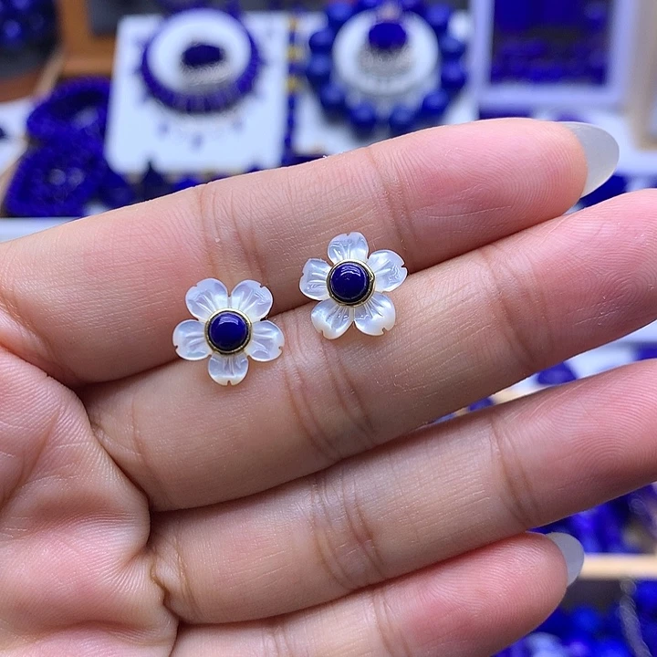 青金石银S925镀金镶嵌耳钉