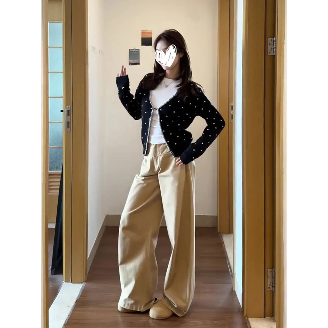 复古黑色波点开衫短外套修身打底上衣女秋季高腰宽松休闲裤三件套