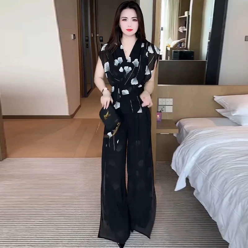 时尚印花雪纺套装女2025夏季新款洋气显瘦遮肚子短袖洋气衣服女