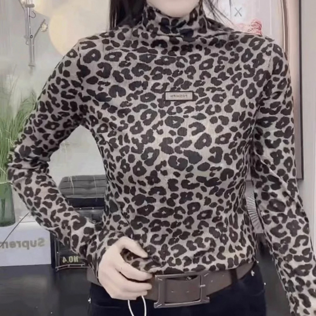 半高领宽松型长袖豹纹螺纹T恤时尚修身内搭洋气