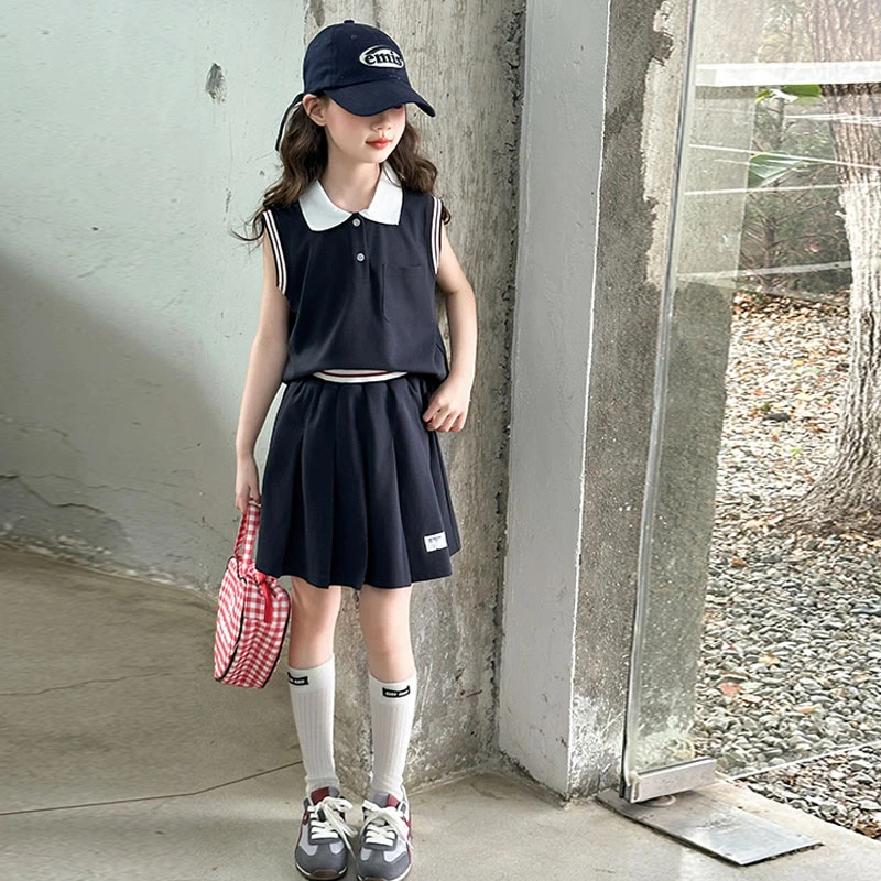 女童夏装套装中大童学院风POLO衫无袖T恤百褶裙洋气时髦两件套
