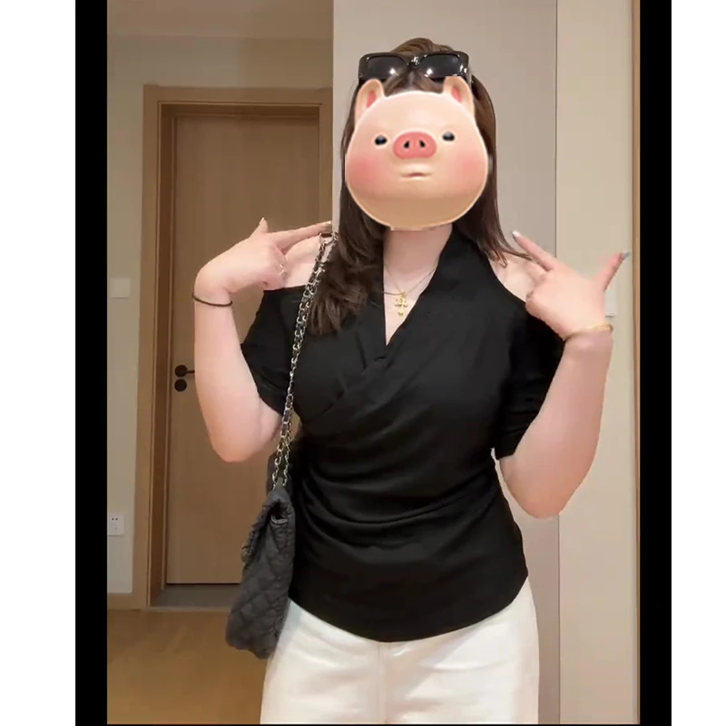 小众设计感修身别致V领短袖T恤女夏季大码胖mm挂脖露肩巨显瘦上衣