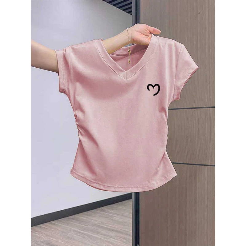 正肩V领短袖t恤女装2025新款收腰显瘦修身藕粉色小众上衣体恤夏季