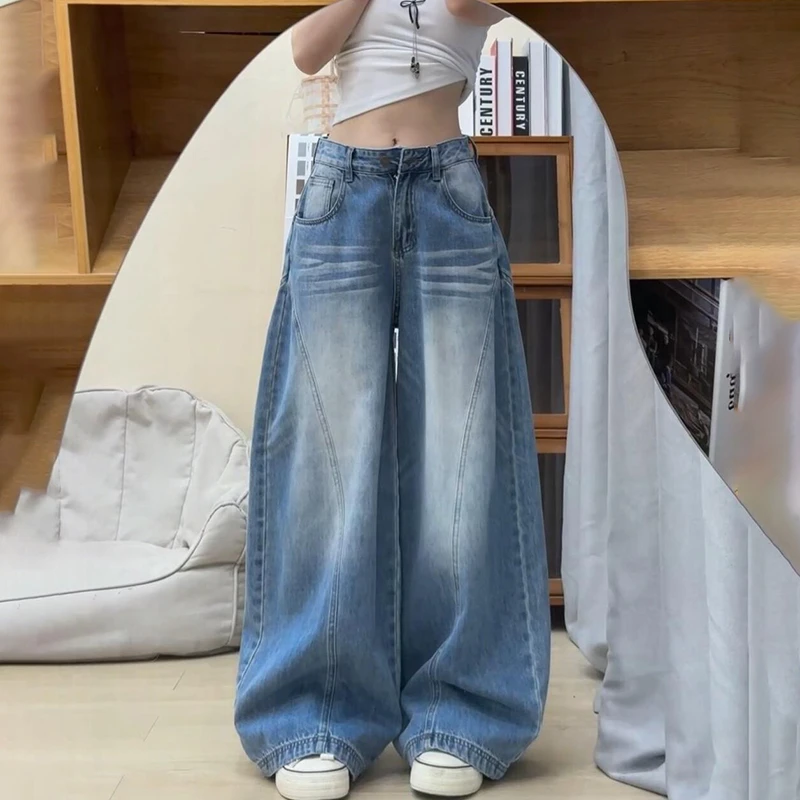 美式浅蓝弯刀阔腿牛仔裤女2025秋季新款高街直筒廓形宽松镰刀裤子