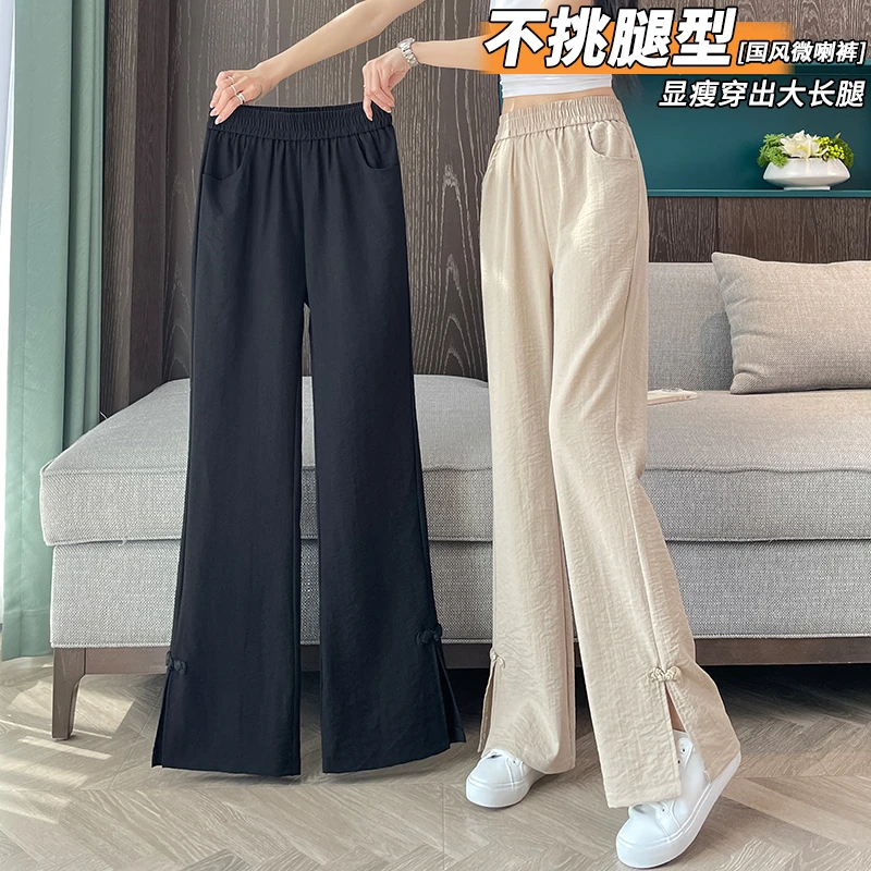冰丝国风棉麻喇叭裤女夏季薄款今年流行款新中式开叉亚麻微喇女裤