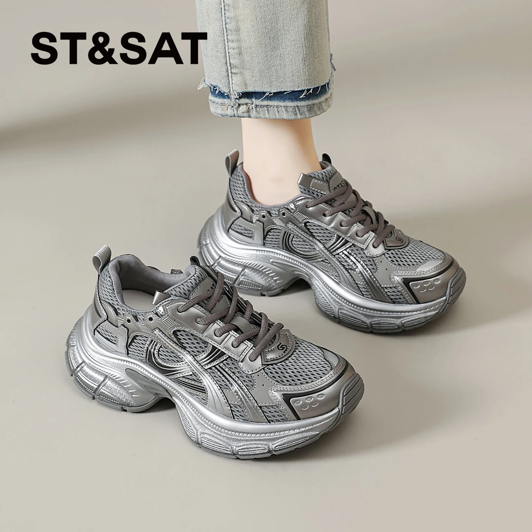 星期六灰色老爹鞋女士2025新款秋季休闲透气女鞋百搭上班网面鞋女