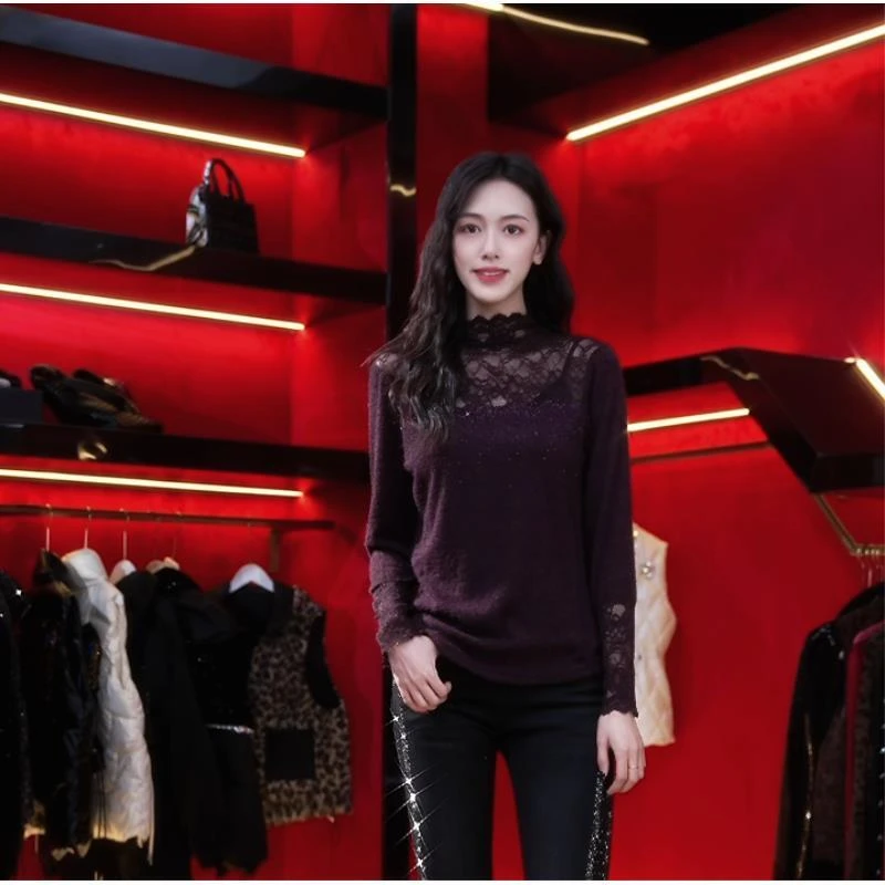 阿鱼家 秋冬新款花漾蕾丝烫钻时尚修身显瘦上衣A413