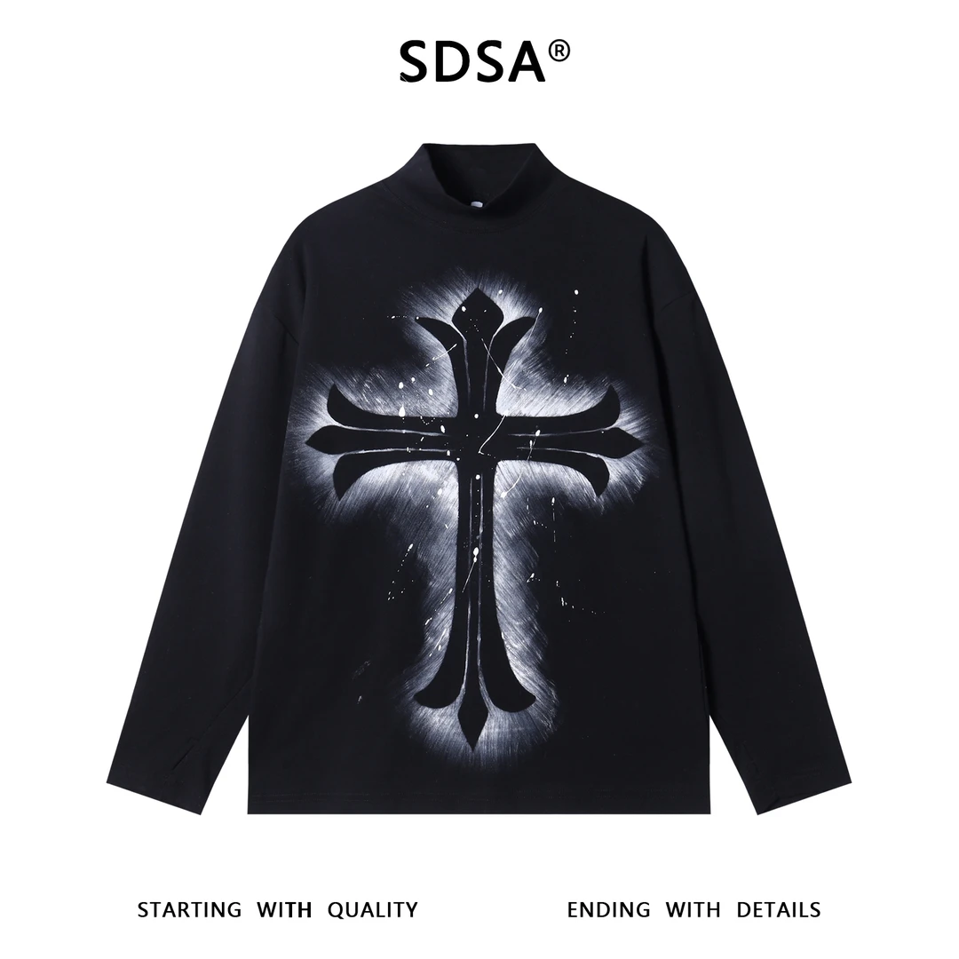SDSA男士秋冬新款痞帅男装街头泼墨十字印花半高领长袖T恤百搭潮