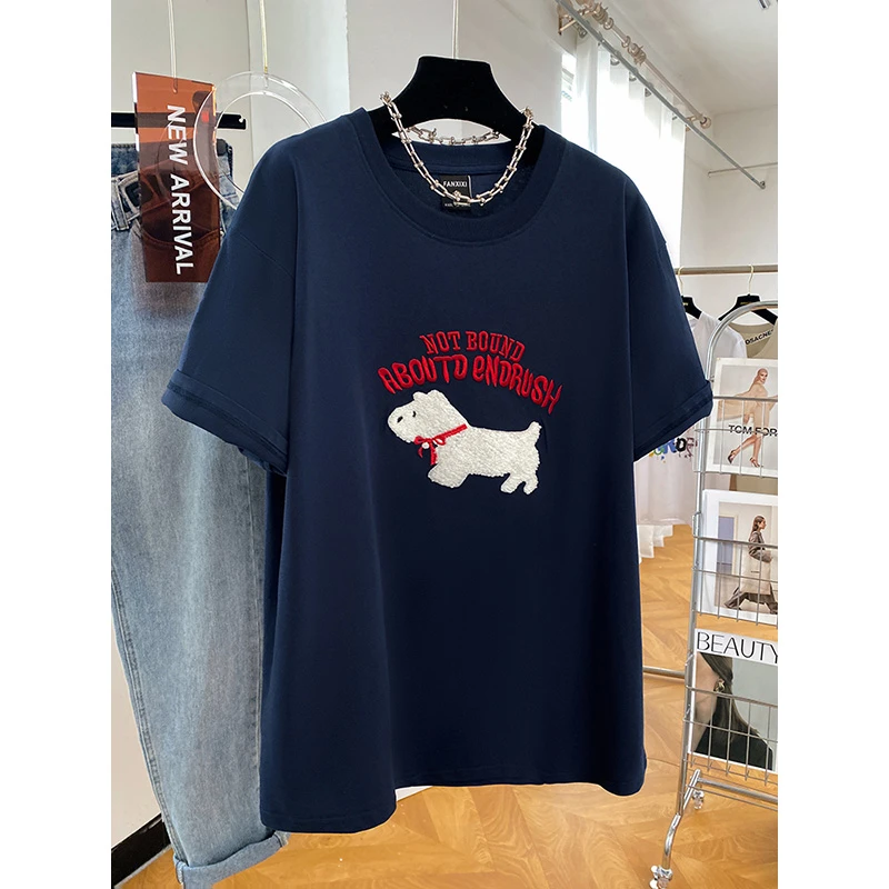 2025新款短袖t恤女夏季藏蓝色刺绣小狗设计感百搭半袖宽松上衣