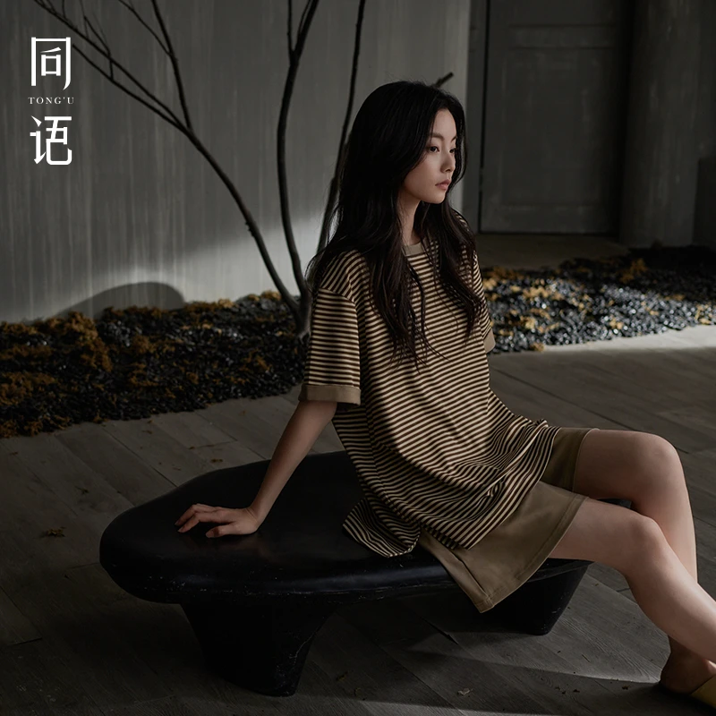 同语睡衣女款2025新款夏季莫代尔棉条纹睡衣套装短袖凉感家居服女