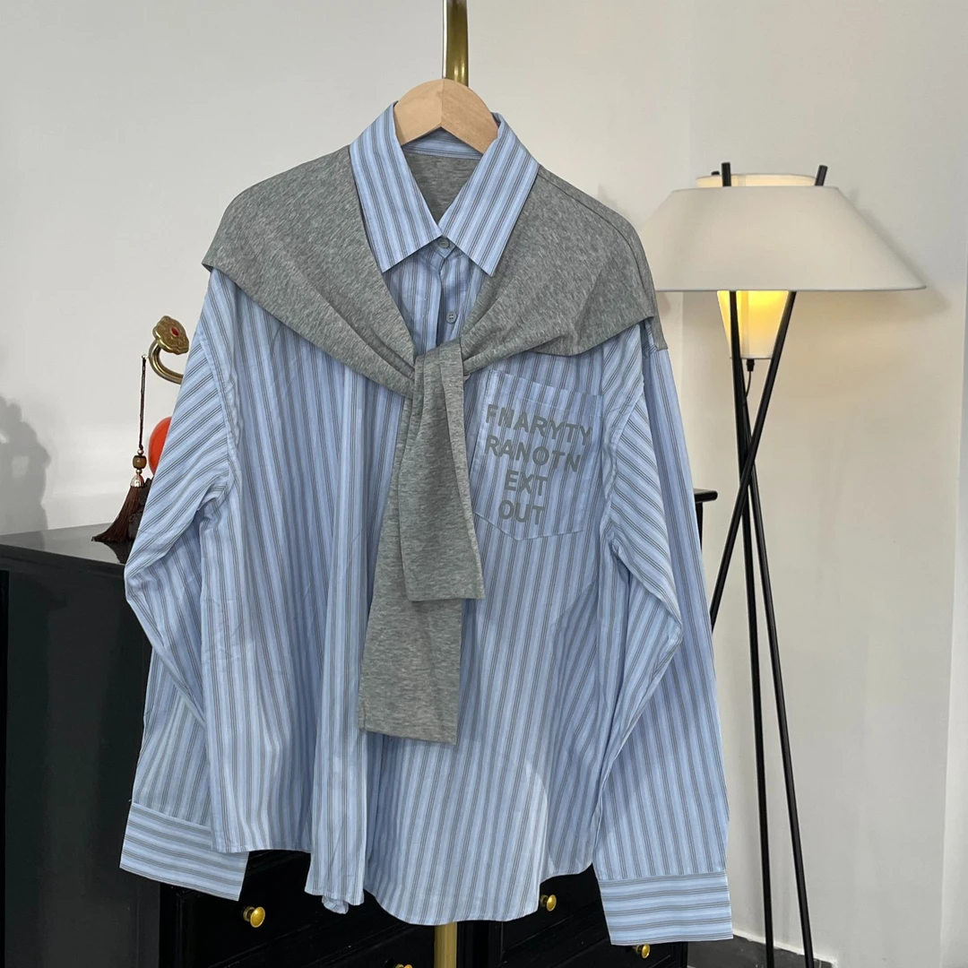 欧洲站披肩条纹衬衫女2025新款欧版宽松春秋洋气上衣XZ25CS005