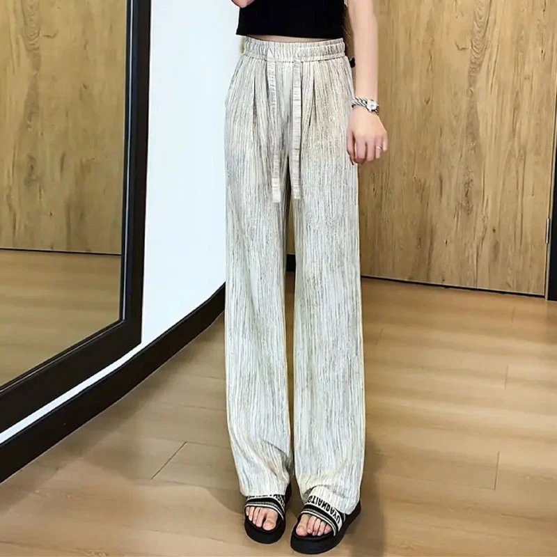 拉夏贝尔薄款阔腿裤女夏季2025年新款高腰抽绳肌理感休闲拖地长裤