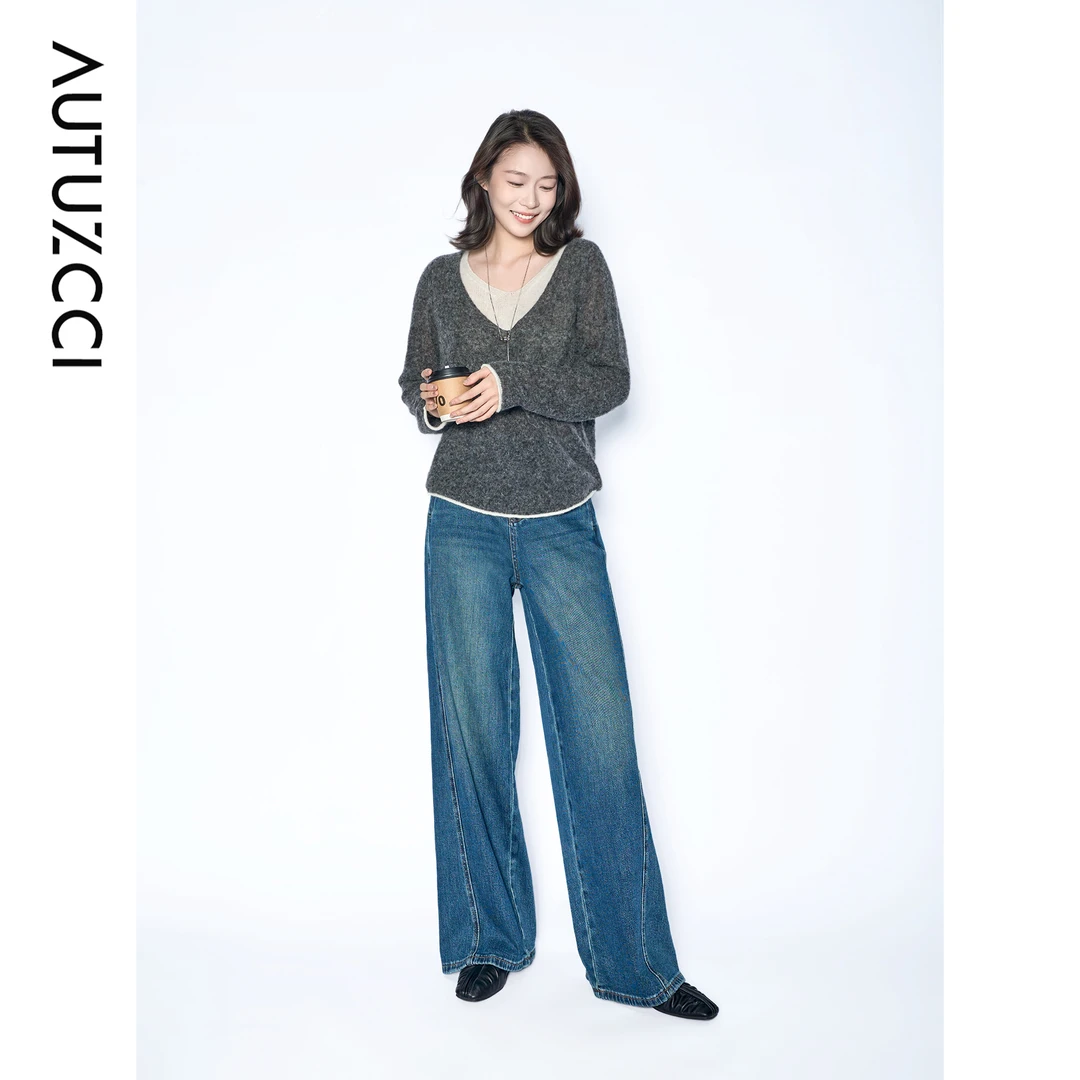 AUTUZCCI秋冬女INS风纯色高腰牛仔裤直筒时尚设计感阔腿裤子7961