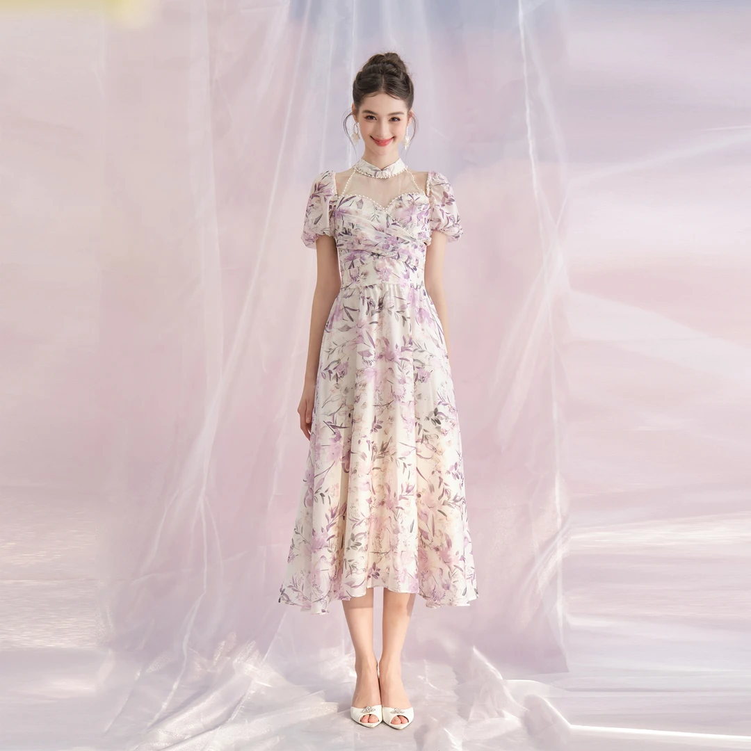 BeQueenStory【竹影兰香】法式优雅碎花挖肩收腰连衣裙