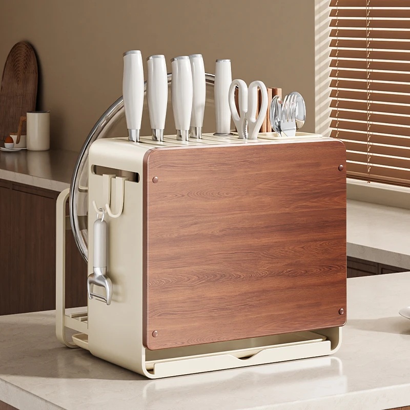 中古风实木多功能厨房刀具置物架筷子菜刀砧板菜板壁挂台面一体