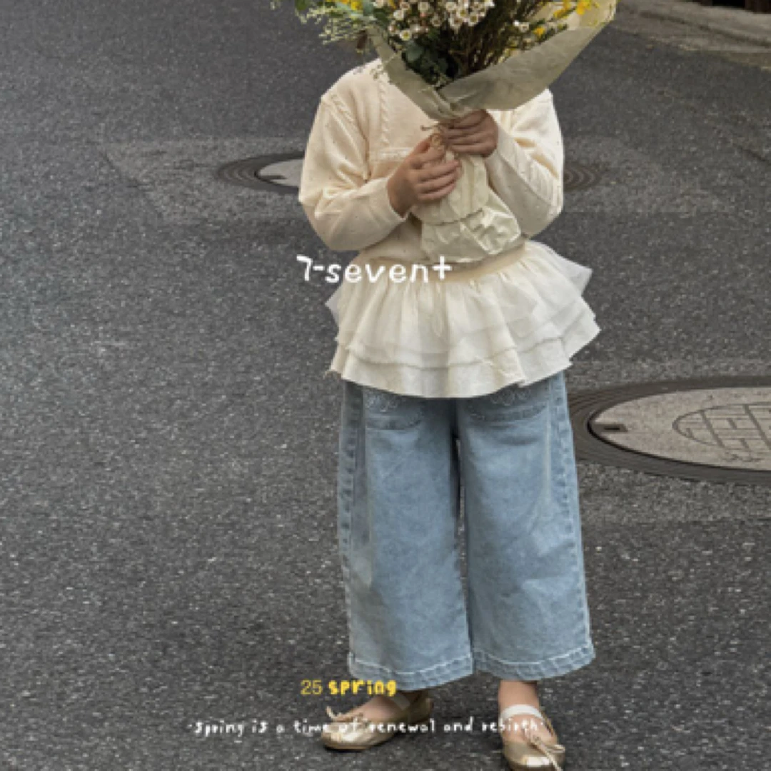 『7-seven』2025春季新款女童牛仔裤小熊口袋牛仔直筒长裤百搭时尚