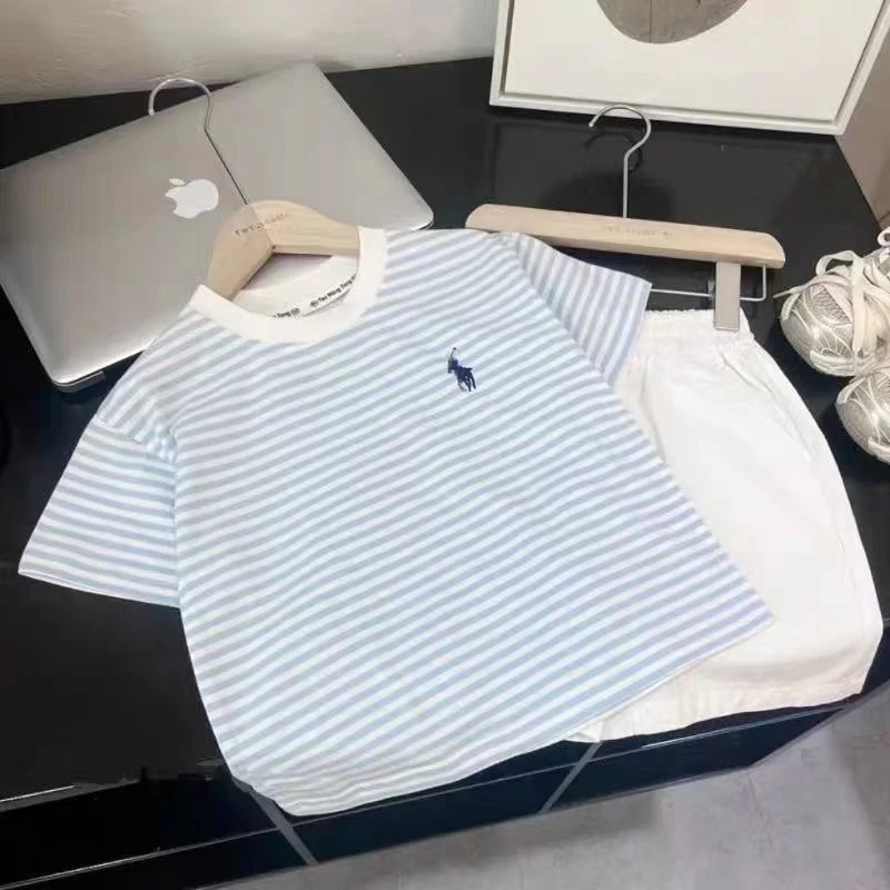 亲子装新款时尚套装蓝色休闲夏季宽松条纹圆领短袖短裤百搭