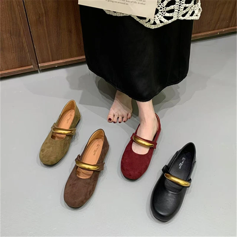 复古风厚底玛丽珍鞋女瓢鞋2025新款圆头浅口金属扣软皮豆豆勃肯鞋