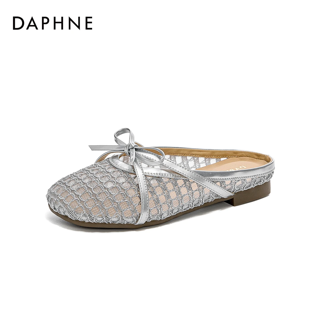 Daphne/达芙妮编织镂空包头半拖鞋女蝴蝶结外穿穆勒鞋时尚懒人鞋