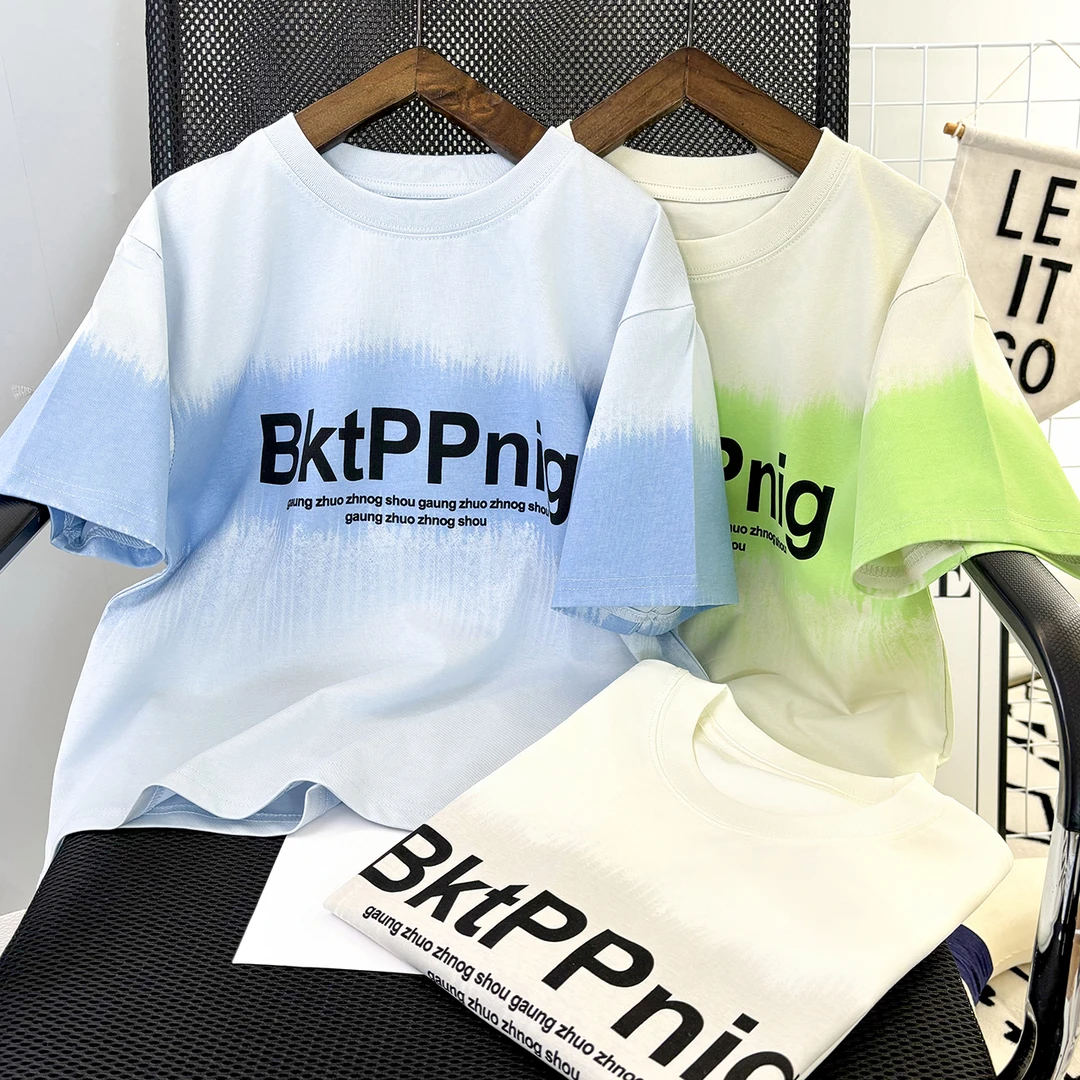 夏季新款潮牌渐变中大童短袖T恤时尚水洗少年学院风百搭印花半袖