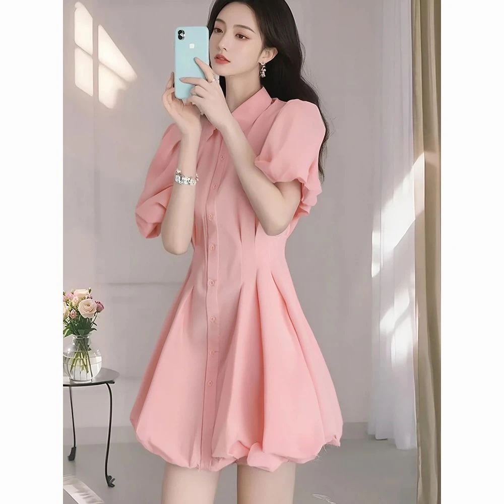 多巴胺绝美粉色夏季连衣裙2025新款法式气质衬衫裙显瘦收腰度假风