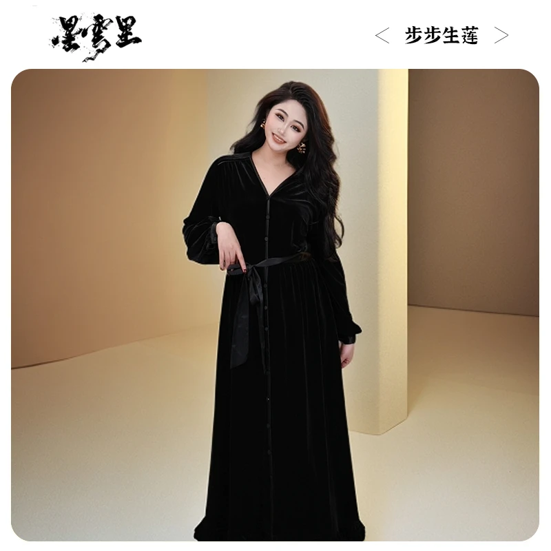 星云里微胖服饰｜步步生莲｜极简风醋酸复古大散摆微胖时尚连衣裙