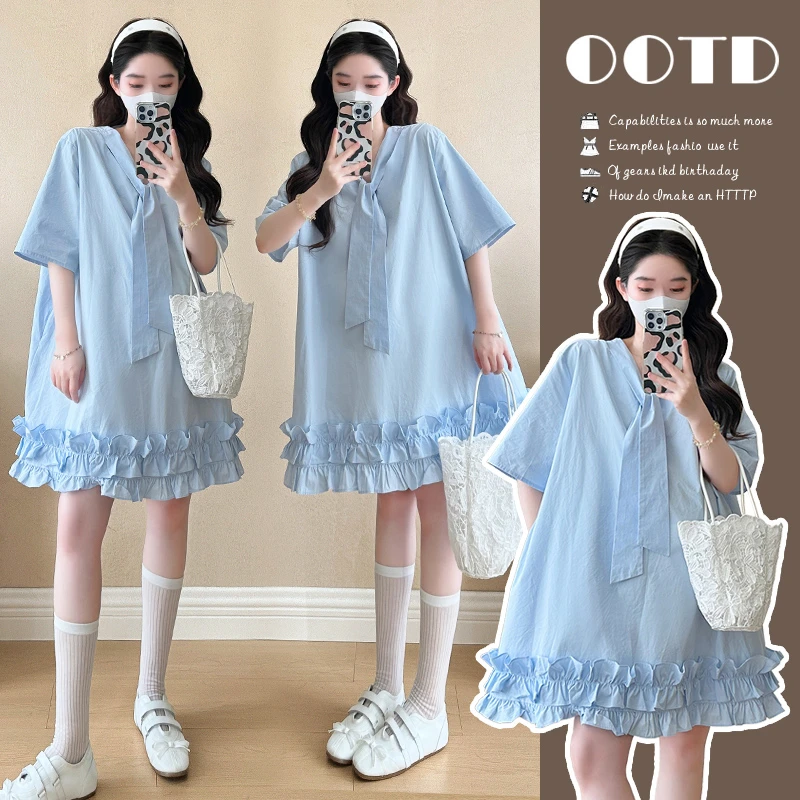 孕妇装2025夏季新款遮肚宽松时尚甜美减龄木耳边连衣裙女娃娃裙子