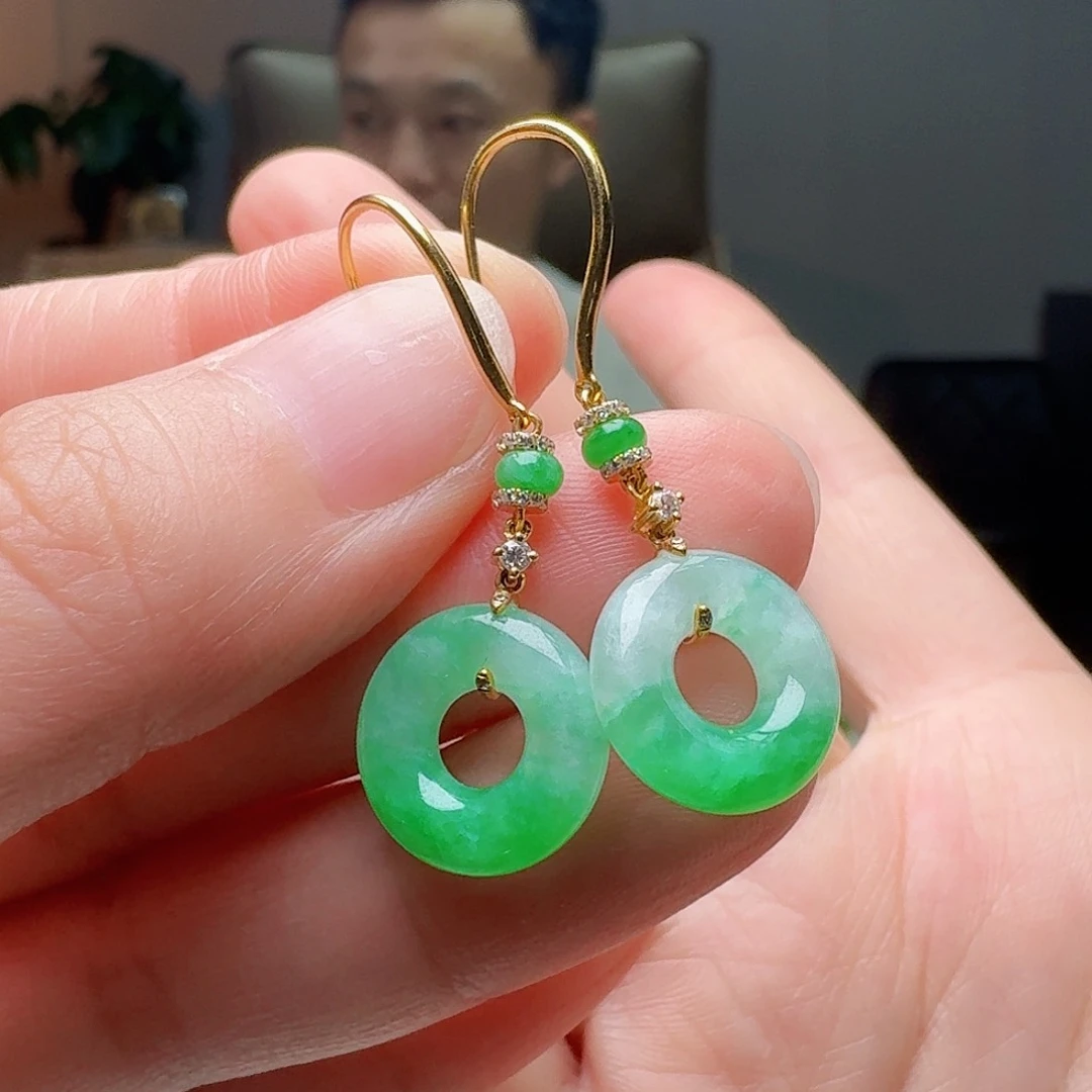 翡翠18K金镶嵌耳饰天然