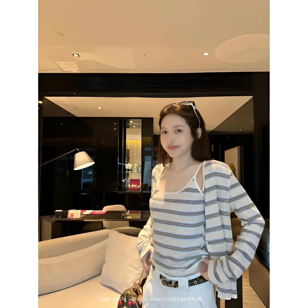 THEISSN宁司 条纹针织吊带背心夏季气质开衫上衣套装 01129/01127