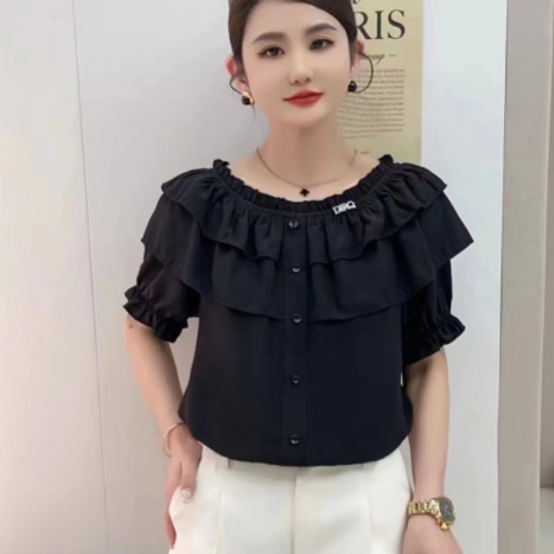 圆领气质名媛短袖常规荷叶边T恤夏季黑色娃娃领tenniscore