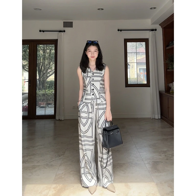 郭九九呢老钱贵气感收腰显瘦花色背心马甲直筒休闲裤 G925Z03115