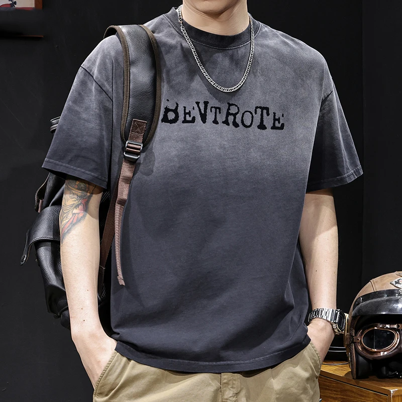 MR.MUDI/穆迪先生美式复古洗水渐变短袖t恤男士大码夏季新款高端