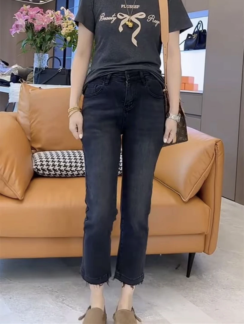 黑灰色九分直筒牛仔裤女2025年夏季薄款梨形身材小个子显瘦烟管裤